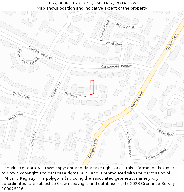 11A, BERKELEY CLOSE, FAREHAM, PO14 3NW: Location map and indicative extent of plot