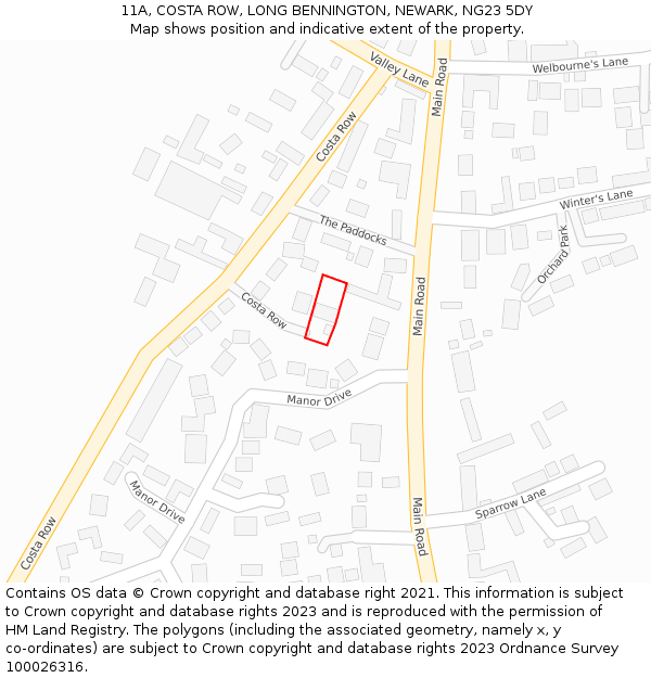 11A, COSTA ROW, LONG BENNINGTON, NEWARK, NG23 5DY: Location map and indicative extent of plot