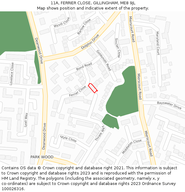 11A, FERRIER CLOSE, GILLINGHAM, ME8 9JL: Location map and indicative extent of plot