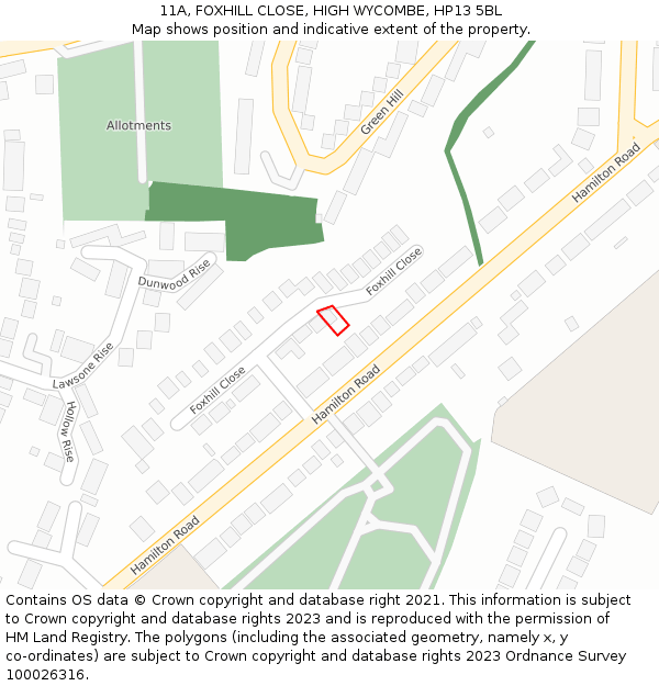 11A, FOXHILL CLOSE, HIGH WYCOMBE, HP13 5BL: Location map and indicative extent of plot