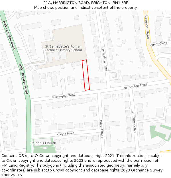 11A, HARRINGTON ROAD, BRIGHTON, BN1 6RE: Location map and indicative extent of plot