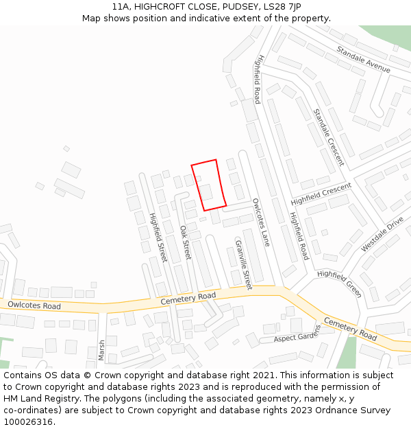 11A, HIGHCROFT CLOSE, PUDSEY, LS28 7JP: Location map and indicative extent of plot