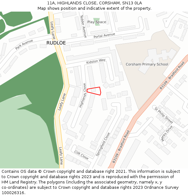 11A, HIGHLANDS CLOSE, CORSHAM, SN13 0LA: Location map and indicative extent of plot