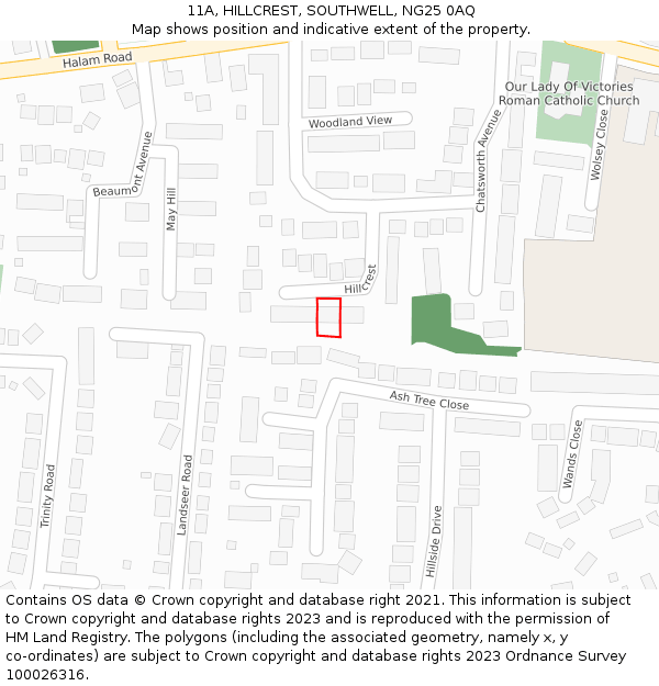 11A, HILLCREST, SOUTHWELL, NG25 0AQ: Location map and indicative extent of plot