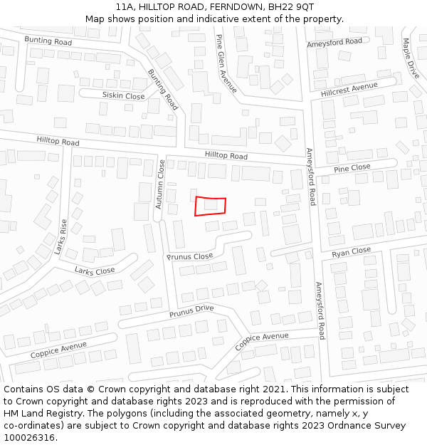 11A, HILLTOP ROAD, FERNDOWN, BH22 9QT: Location map and indicative extent of plot