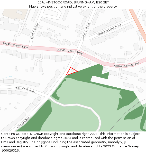 11A, HINSTOCK ROAD, BIRMINGHAM, B20 2ET: Location map and indicative extent of plot