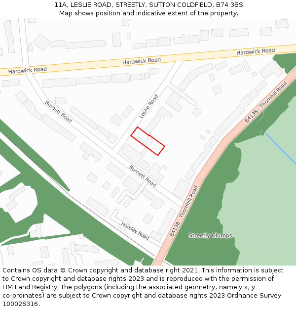 11A, LESLIE ROAD, STREETLY, SUTTON COLDFIELD, B74 3BS: Location map and indicative extent of plot