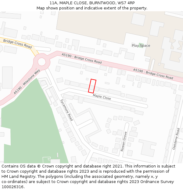 11A, MAPLE CLOSE, BURNTWOOD, WS7 4RP: Location map and indicative extent of plot