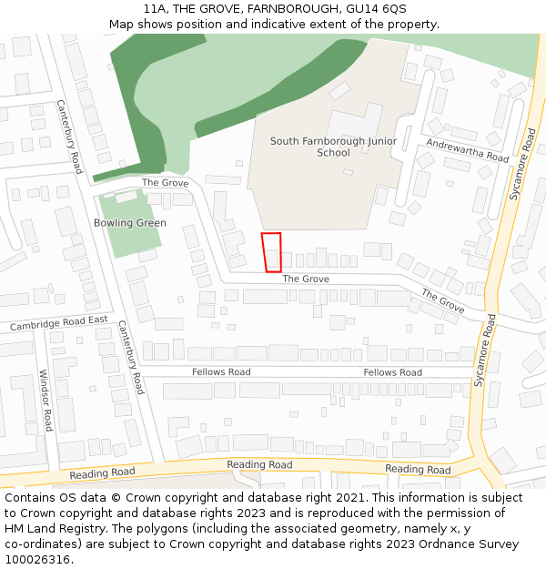 11A, THE GROVE, FARNBOROUGH, GU14 6QS: Location map and indicative extent of plot