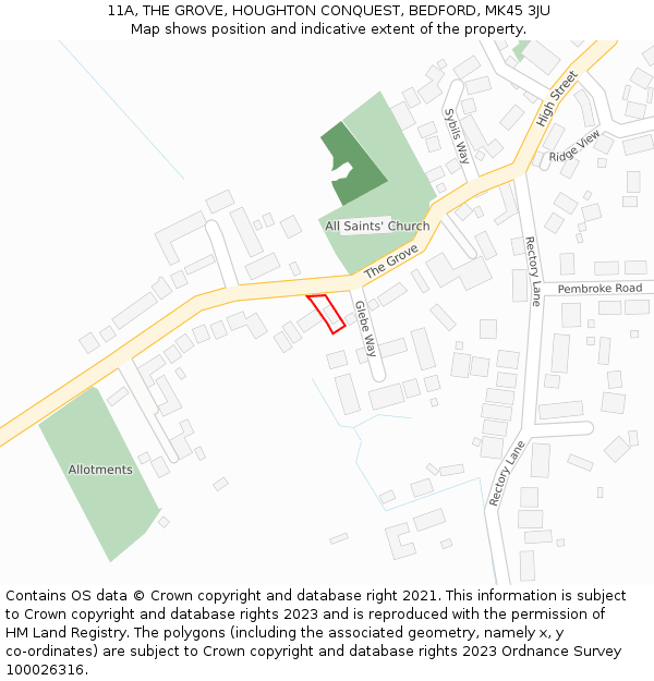 11A, THE GROVE, HOUGHTON CONQUEST, BEDFORD, MK45 3JU: Location map and indicative extent of plot