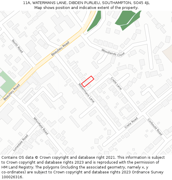 11A, WATERMANS LANE, DIBDEN PURLIEU, SOUTHAMPTON, SO45 4JL: Location map and indicative extent of plot