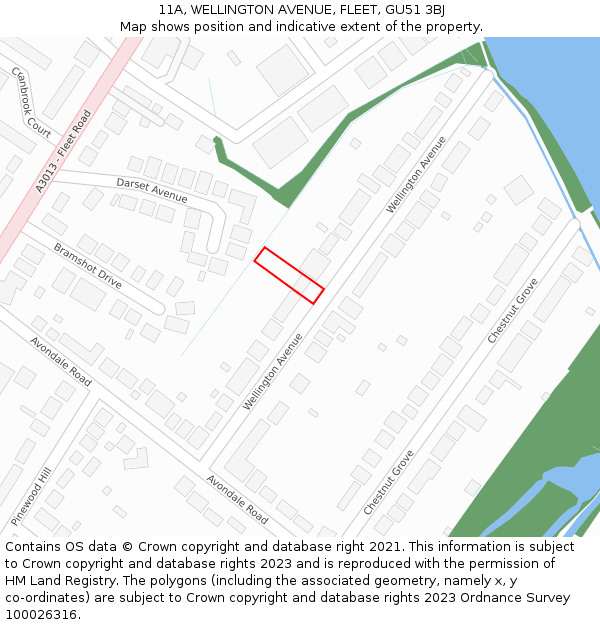 11A, WELLINGTON AVENUE, FLEET, GU51 3BJ: Location map and indicative extent of plot