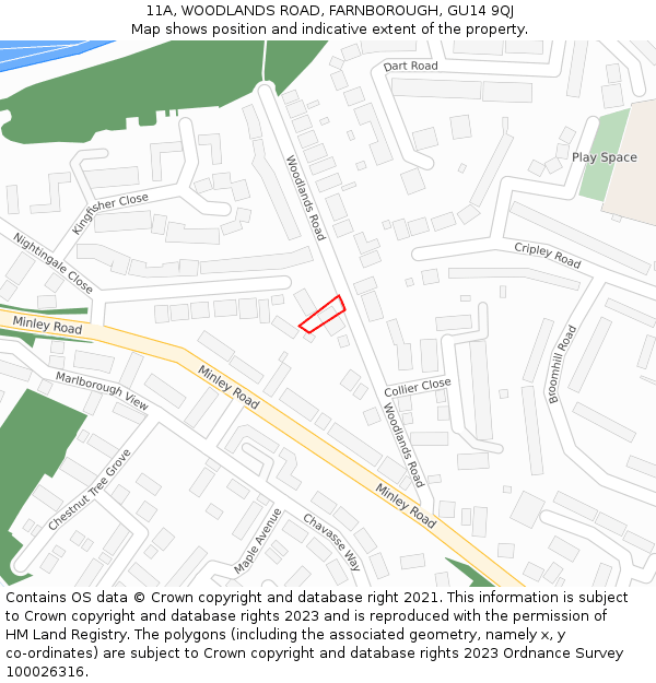 11A, WOODLANDS ROAD, FARNBOROUGH, GU14 9QJ: Location map and indicative extent of plot