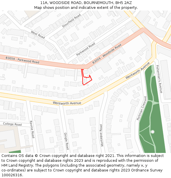 11A, WOODSIDE ROAD, BOURNEMOUTH, BH5 2AZ: Location map and indicative extent of plot