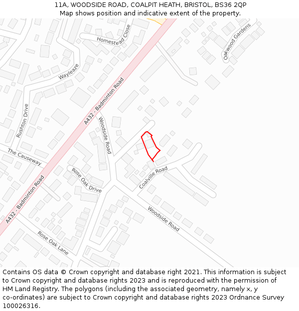 11A, WOODSIDE ROAD, COALPIT HEATH, BRISTOL, BS36 2QP: Location map and indicative extent of plot