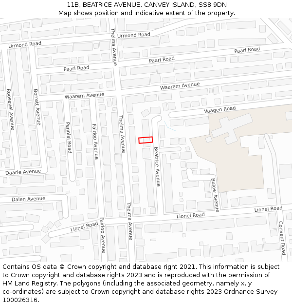 11B, BEATRICE AVENUE, CANVEY ISLAND, SS8 9DN: Location map and indicative extent of plot