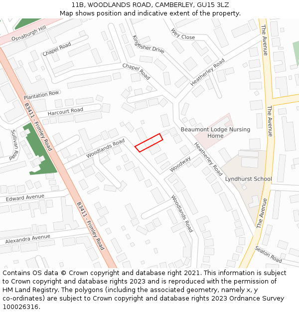 11B, WOODLANDS ROAD, CAMBERLEY, GU15 3LZ: Location map and indicative extent of plot