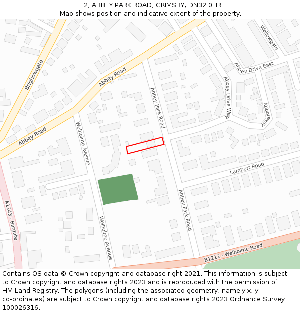 12, ABBEY PARK ROAD, GRIMSBY, DN32 0HR: Location map and indicative extent of plot