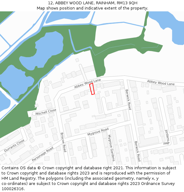 12, ABBEY WOOD LANE, RAINHAM, RM13 9QH: Location map and indicative extent of plot
