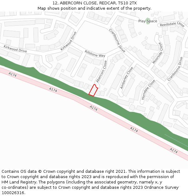 12, ABERCORN CLOSE, REDCAR, TS10 2TX: Location map and indicative extent of plot