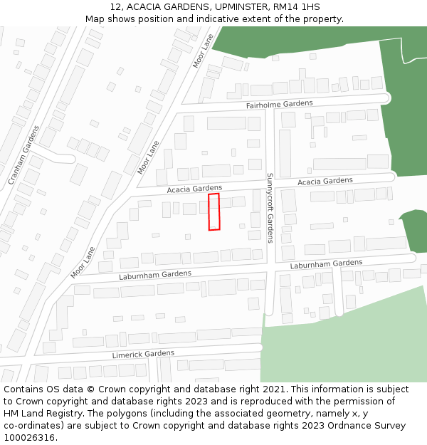 12, ACACIA GARDENS, UPMINSTER, RM14 1HS: Location map and indicative extent of plot