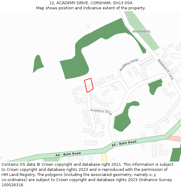 12, ACADEMY DRIVE, CORSHAM, SN13 0SA: Location map and indicative extent of plot
