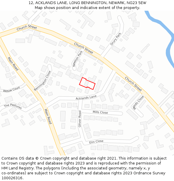 12, ACKLANDS LANE, LONG BENNINGTON, NEWARK, NG23 5EW: Location map and indicative extent of plot