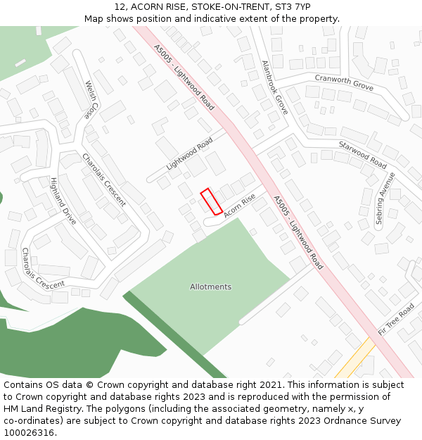 12, ACORN RISE, STOKE-ON-TRENT, ST3 7YP: Location map and indicative extent of plot