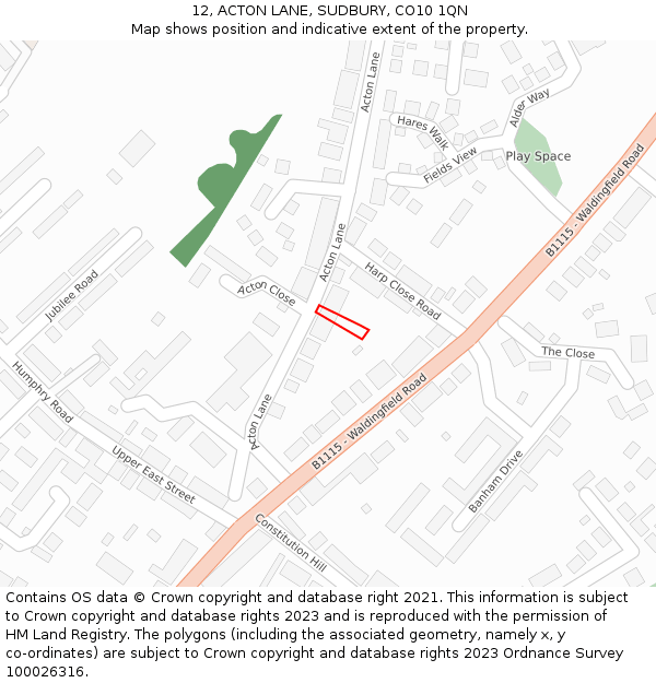 12, ACTON LANE, SUDBURY, CO10 1QN: Location map and indicative extent of plot