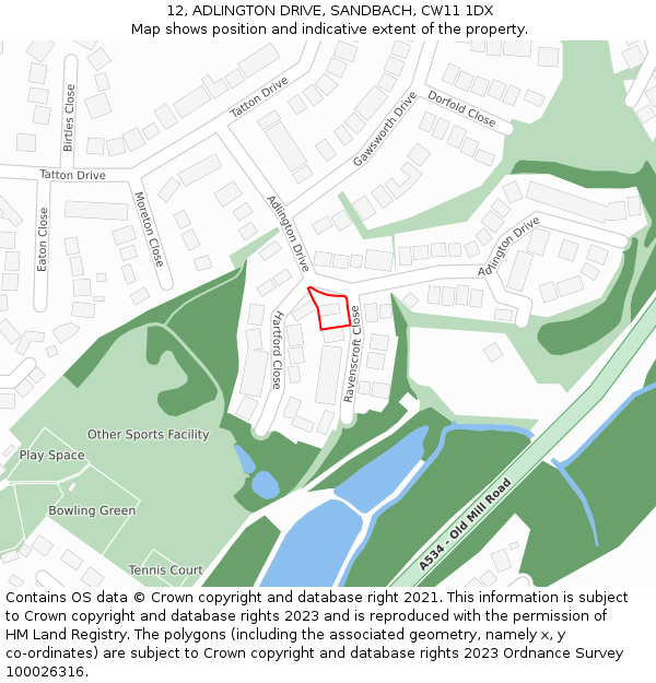 12, ADLINGTON DRIVE, SANDBACH, CW11 1DX: Location map and indicative extent of plot