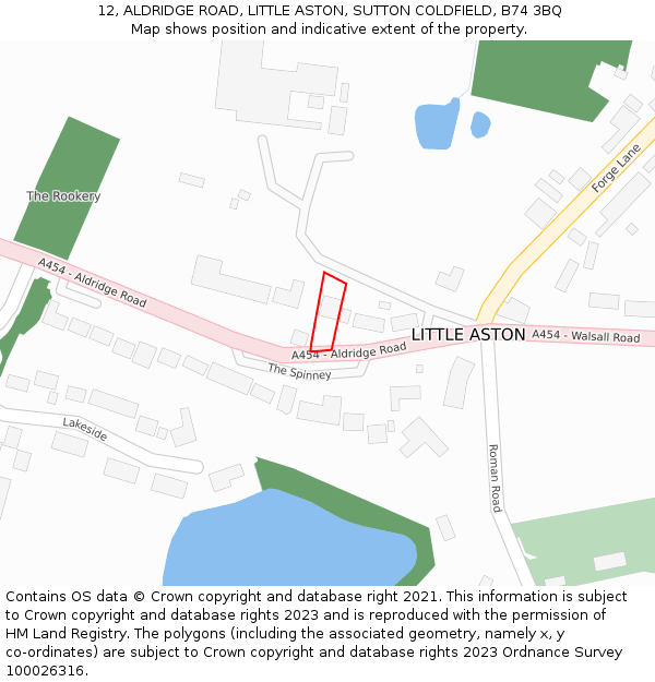 12, ALDRIDGE ROAD, LITTLE ASTON, SUTTON COLDFIELD, B74 3BQ: Location map and indicative extent of plot