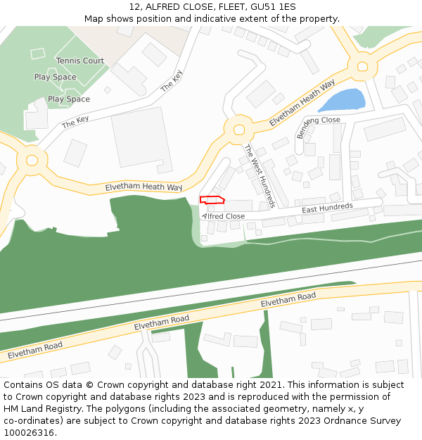 12, ALFRED CLOSE, FLEET, GU51 1ES: Location map and indicative extent of plot