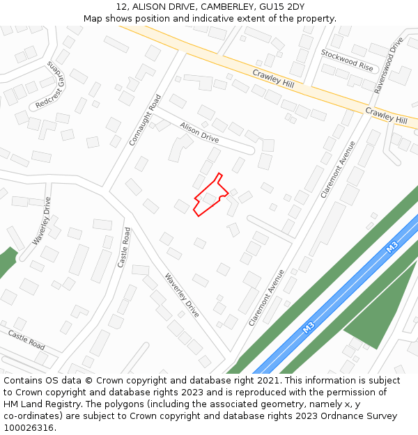 12, ALISON DRIVE, CAMBERLEY, GU15 2DY: Location map and indicative extent of plot