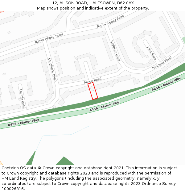 12, ALISON ROAD, HALESOWEN, B62 0AX: Location map and indicative extent of plot