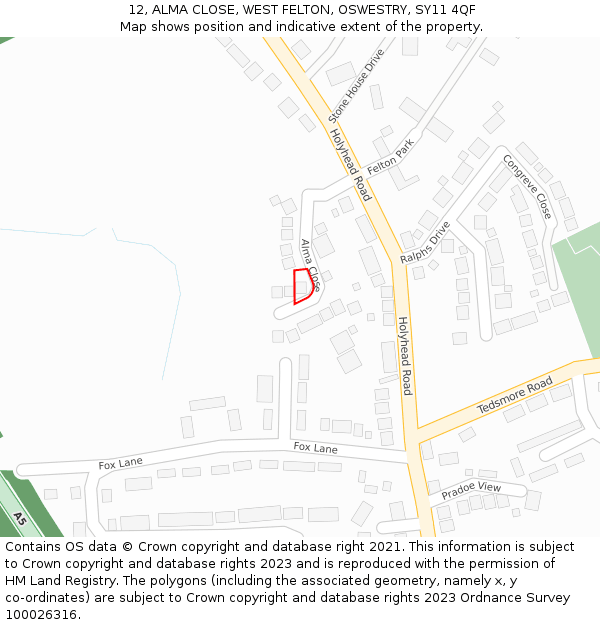 12, ALMA CLOSE, WEST FELTON, OSWESTRY, SY11 4QF: Location map and indicative extent of plot