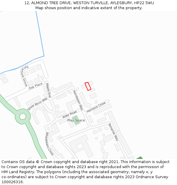 12, ALMOND TREE DRIVE, WESTON TURVILLE, AYLESBURY, HP22 5WU: Location map and indicative extent of plot