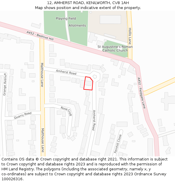 12, AMHERST ROAD, KENILWORTH, CV8 1AH: Location map and indicative extent of plot