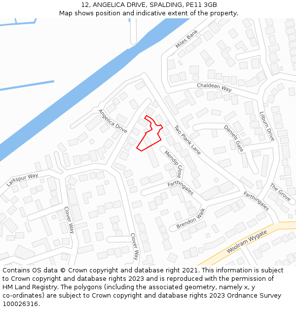 12, ANGELICA DRIVE, SPALDING, PE11 3GB: Location map and indicative extent of plot