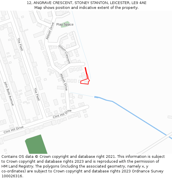 12, ANGRAVE CRESCENT, STONEY STANTON, LEICESTER, LE9 4AE: Location map and indicative extent of plot