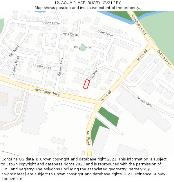 12, AQUA PLACE, RUGBY, CV21 1BY: Location map and indicative extent of plot