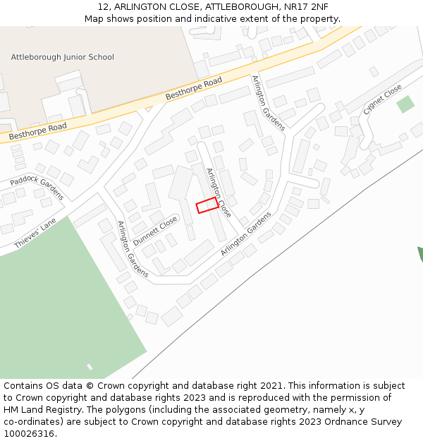 12, ARLINGTON CLOSE, ATTLEBOROUGH, NR17 2NF: Location map and indicative extent of plot