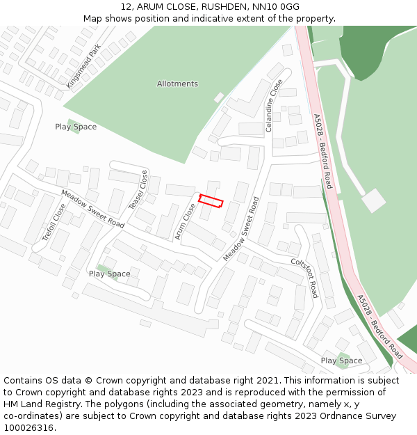 12, ARUM CLOSE, RUSHDEN, NN10 0GG: Location map and indicative extent of plot
