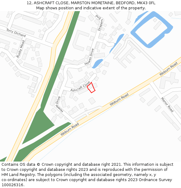 12, ASHCRAFT CLOSE, MARSTON MORETAINE, BEDFORD, MK43 0FL: Location map and indicative extent of plot