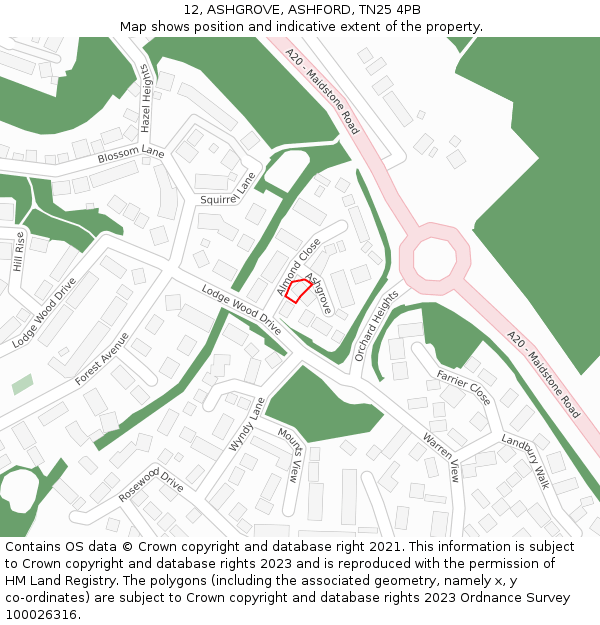 12, ASHGROVE, ASHFORD, TN25 4PB: Location map and indicative extent of plot