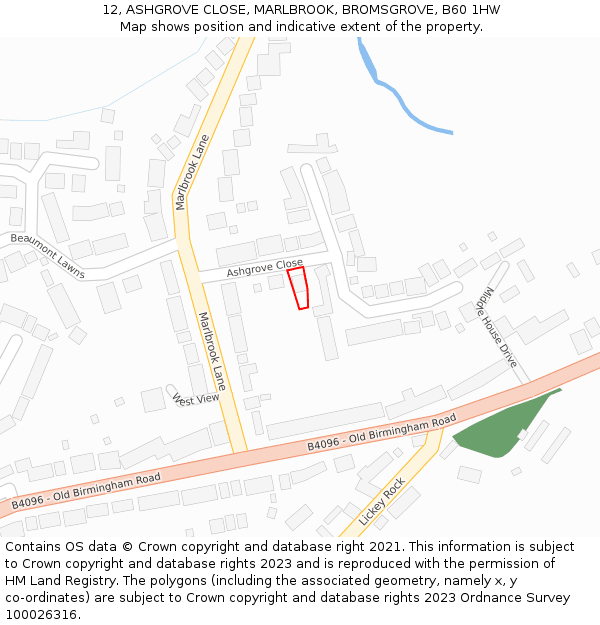 12, ASHGROVE CLOSE, MARLBROOK, BROMSGROVE, B60 1HW: Location map and indicative extent of plot