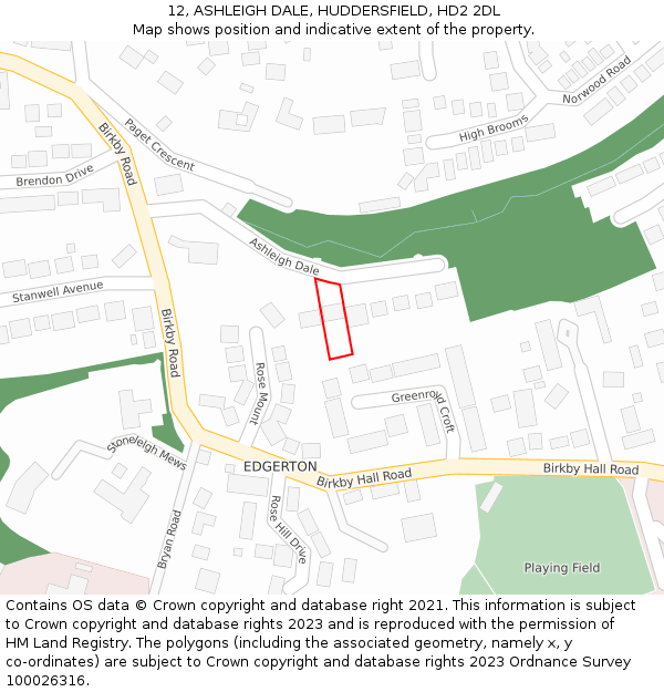 12, ASHLEIGH DALE, HUDDERSFIELD, HD2 2DL: Location map and indicative extent of plot