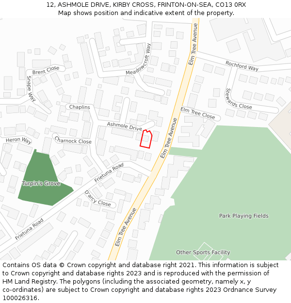 12, ASHMOLE DRIVE, KIRBY CROSS, FRINTON-ON-SEA, CO13 0RX: Location map and indicative extent of plot
