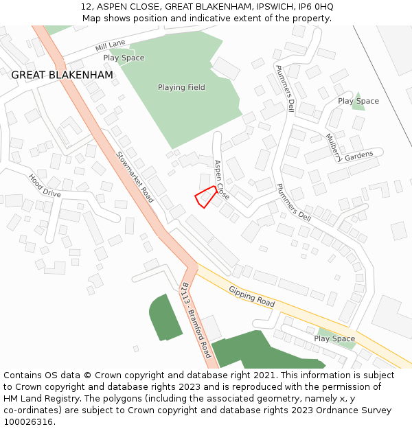 12, ASPEN CLOSE, GREAT BLAKENHAM, IPSWICH, IP6 0HQ: Location map and indicative extent of plot