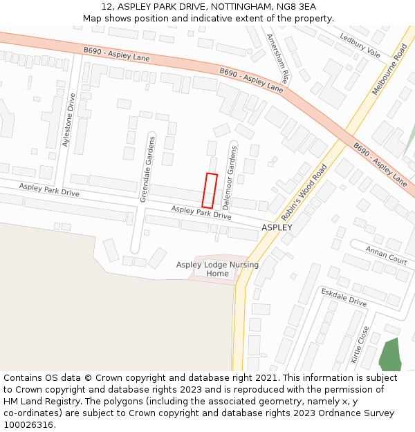 12, ASPLEY PARK DRIVE, NOTTINGHAM, NG8 3EA: Location map and indicative extent of plot