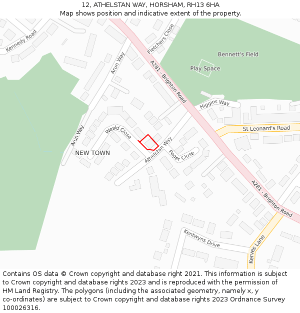 12, ATHELSTAN WAY, HORSHAM, RH13 6HA: Location map and indicative extent of plot